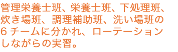 管理栄養士班、栄養士班、下処理班、炊き場班、調理補助班、洗い場班の6チームに分かれ、ローテーションしながらの実習